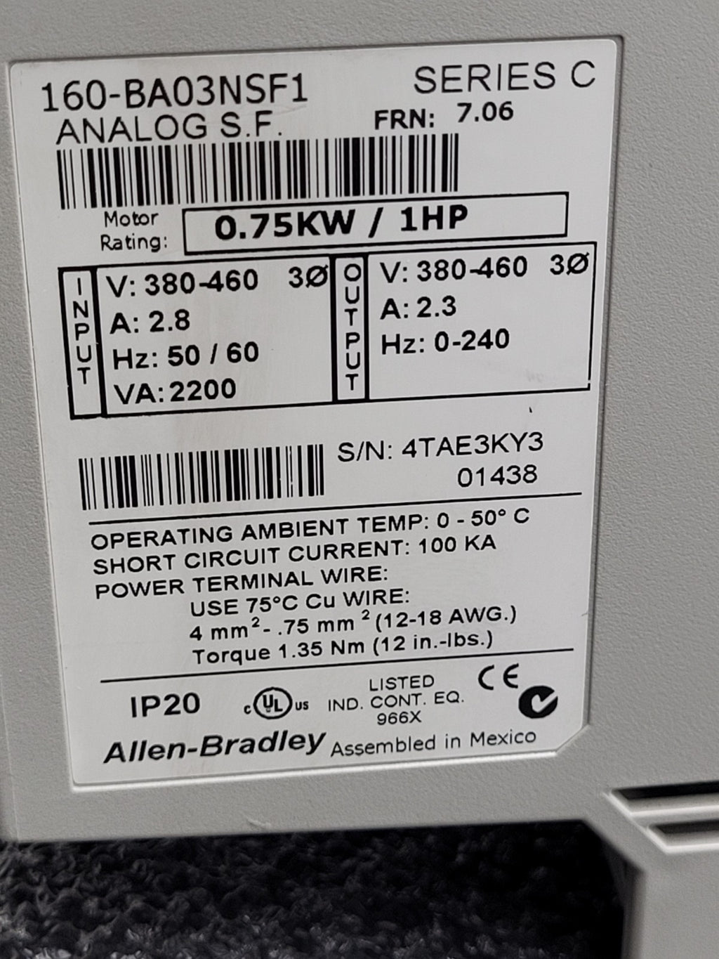 ALLEN BRADLEY 160-BA03NSF1 Variable Speed Drive 1HP 380/480 VAC 3PH