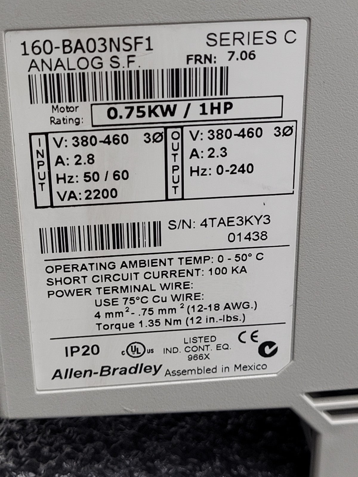 ALLEN BRADLEY 160-BA03NSF1 Variable Speed Drive 1HP 380/480 VAC 3PH