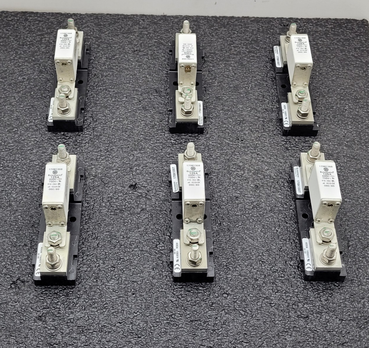 Lot of 6 Bussmann Buss 170M1368 125A 690V Fuse w/ 170H1007 Base 400A 1000V