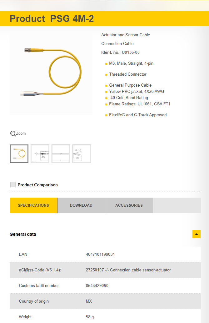 Turck PSG 4M-2 M8 Male Straight 4-pin Actuator and Sensor Cable To 4 wire