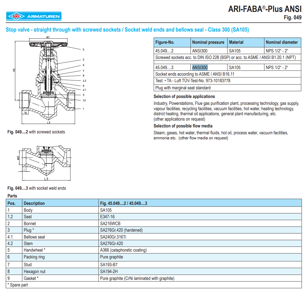 2" Ari-Faba Plus Handwheel Stop Valve Socket Weld Ends ANSI300 SA105 45.049....3