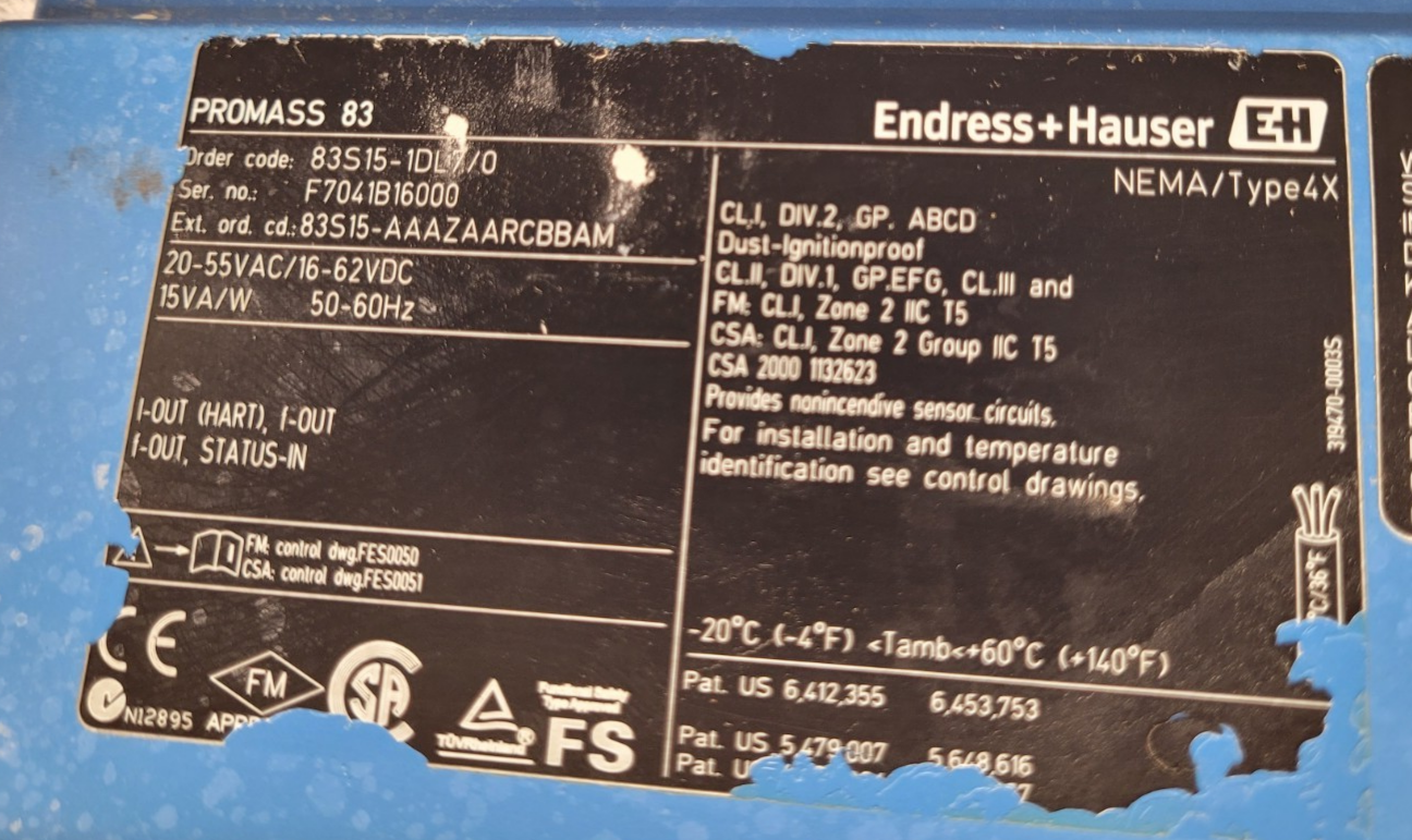 Endress+Hauser PROMASS S Mass Flowmeter 83S15-1DL7/0 Flow Controller +XMTR B [1]