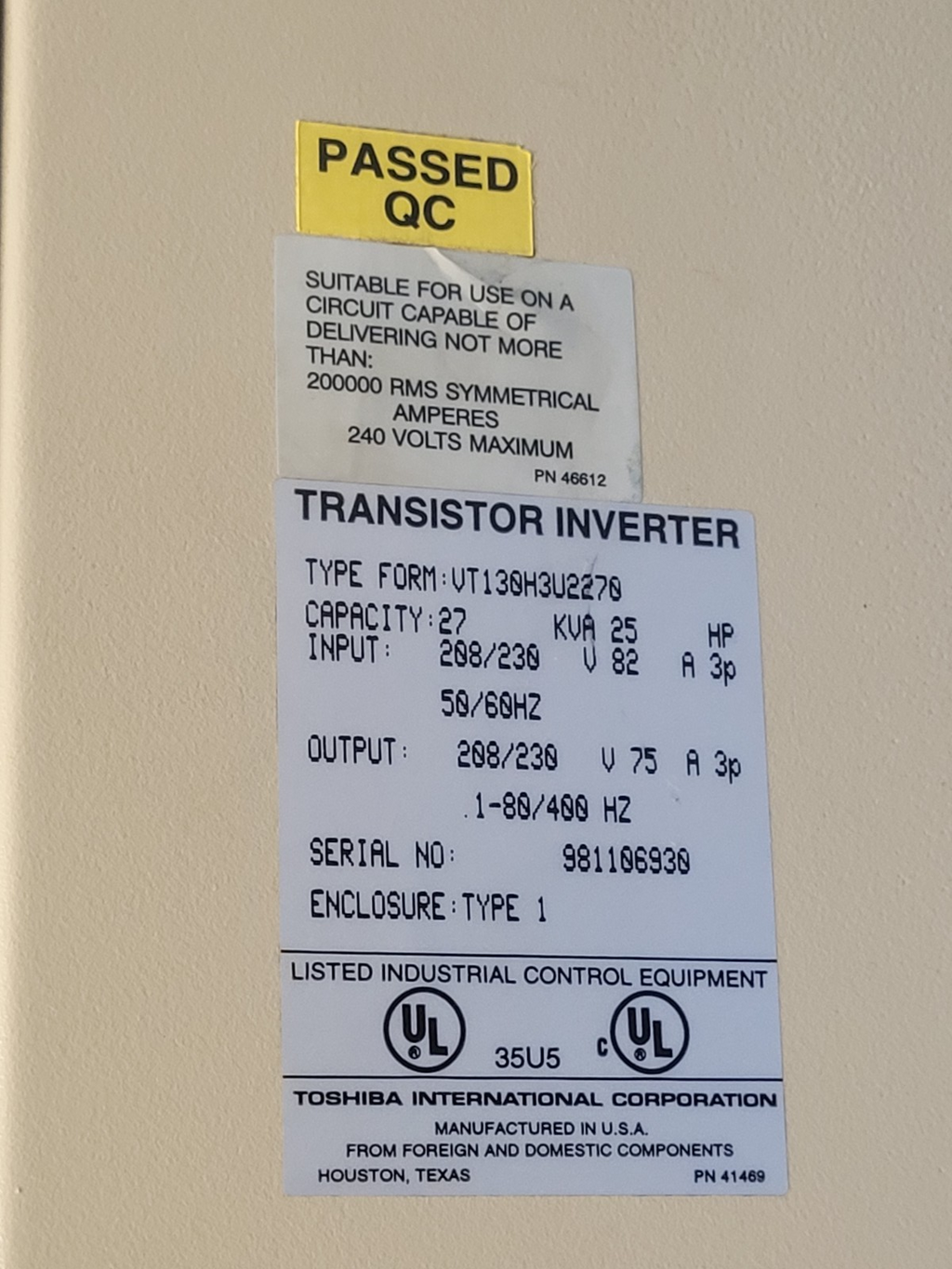 Toshiba H3  Tosvert 130H3 VT130H3U2270 25HP VFD Motor Drive Control 208/230VAC