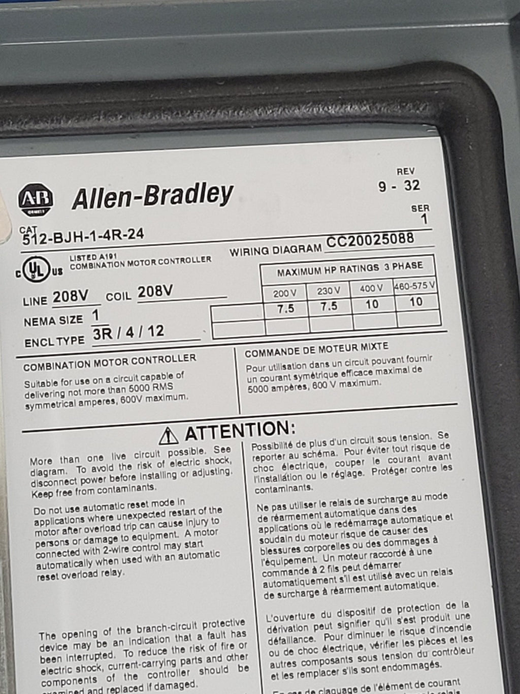 Allen Bradley 512-BJH-1-4R-24 Combination Motor Starter E-Stop 3R 208VAC 3PH 7HP
