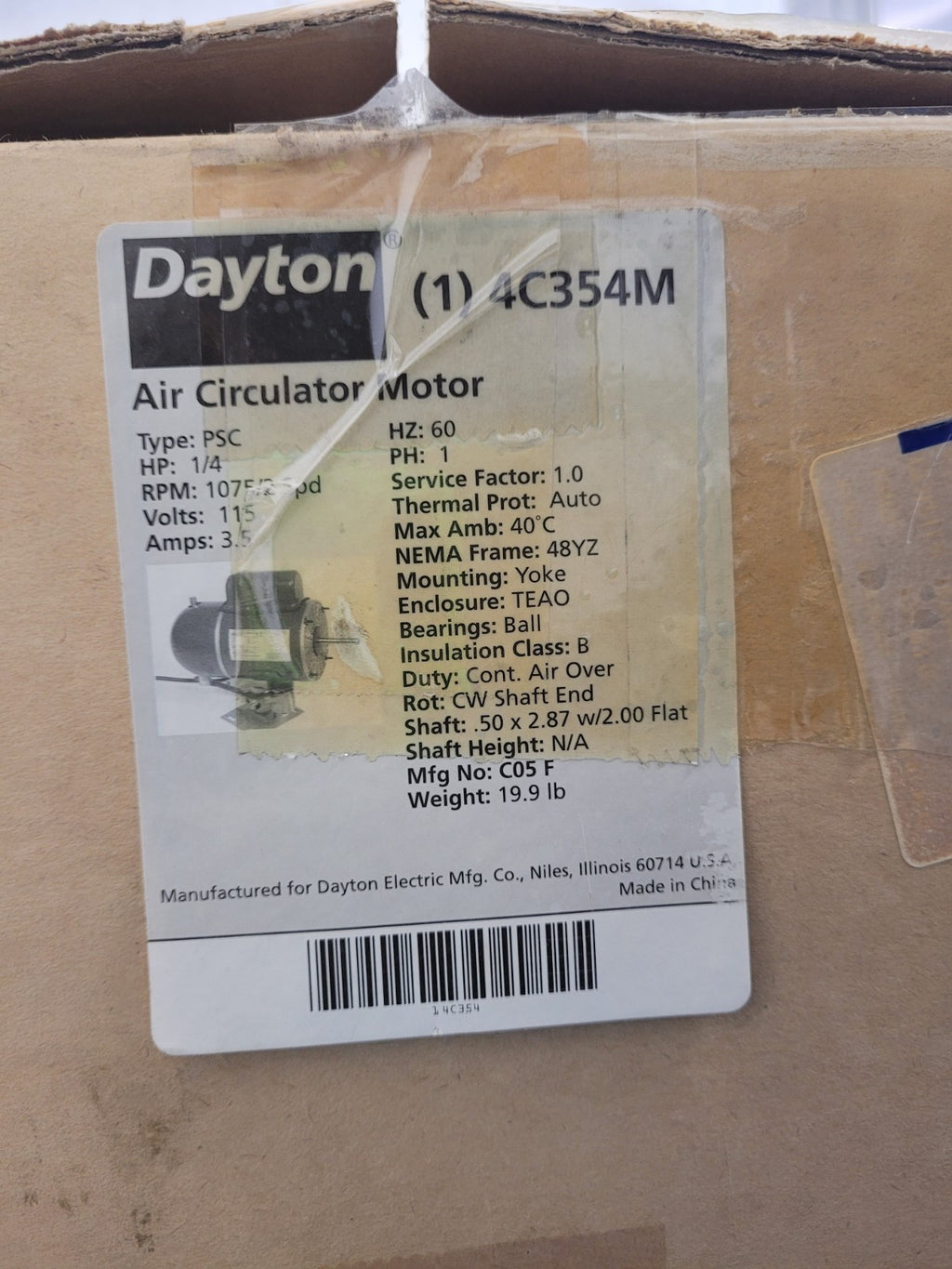 DAYTON 4C353M Air Circulator 2 Speed Oscillating Fan Motor 115VAC with plug
