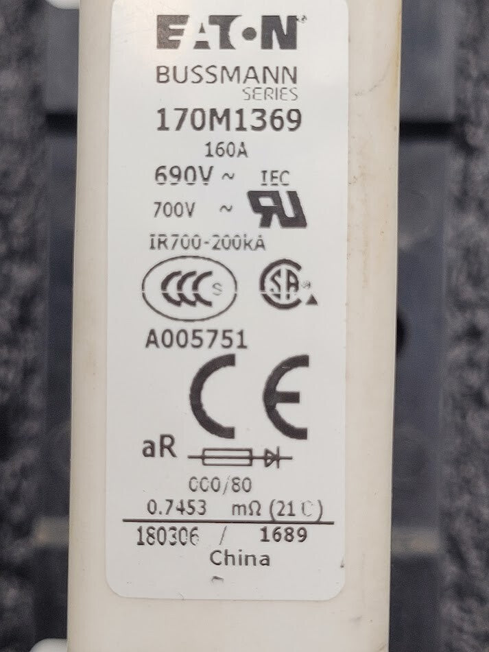 3x Bussmann 170M1369 High Speed Square Body Fuse + Holder 160A 690VAC 170H1007