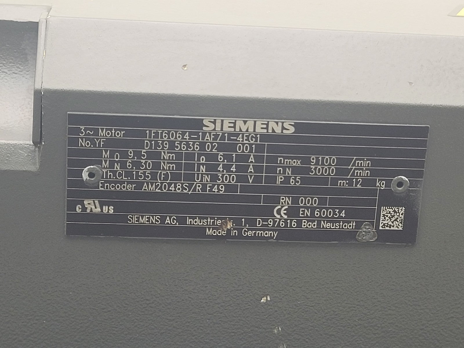 Siemens 1FT6 Servo Motor 1FT6064-1AF71-4EG1 SIMOTICS S 3000RPM Working Pull