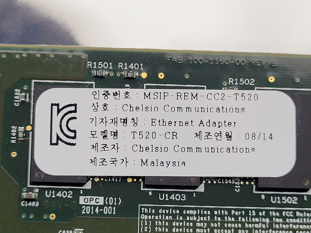 2x Chelsio Communications 110-1160-50 T520-CR Ethernet Adaper MSIP-REM-CC2-T520