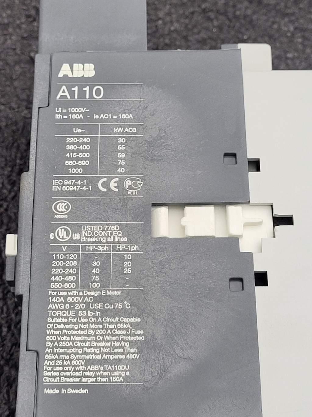 ABB A110-30 Contactor 110V-50Hz 115-120V-60Hz Coil w/ Auxillary CAL18-11