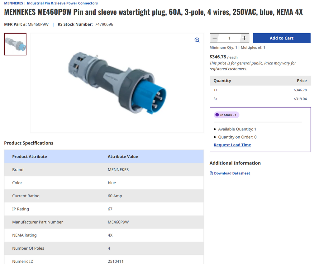 Mennekes ME460P9W Male Power Plug 4 Pin  and Sleeve 3 Wire Plug 3PH 4W 250V 60A