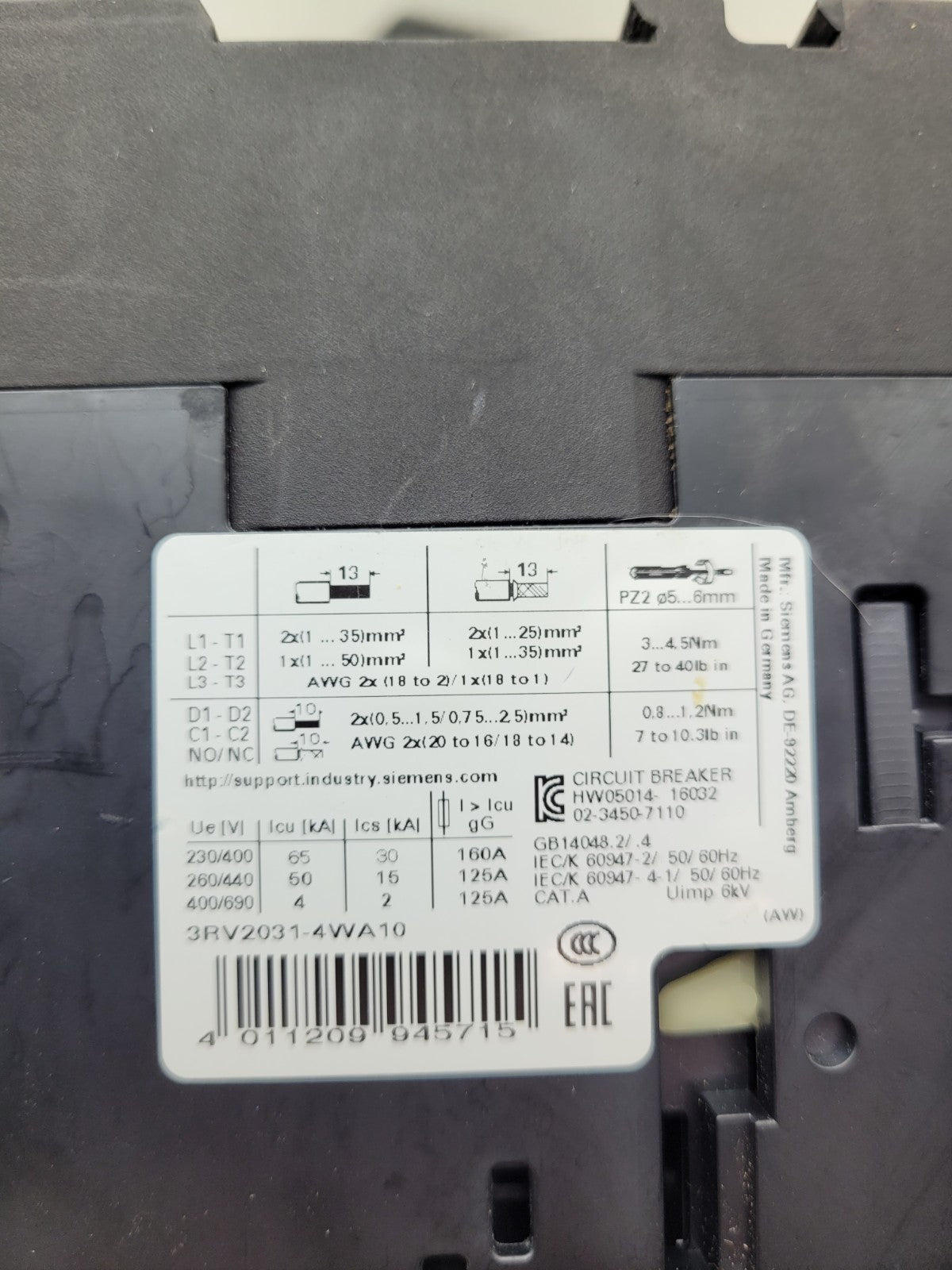 Siemens Sirius 3RV2031-4WA10 Motor Controller Circuit Breaker DIN Rail Mount