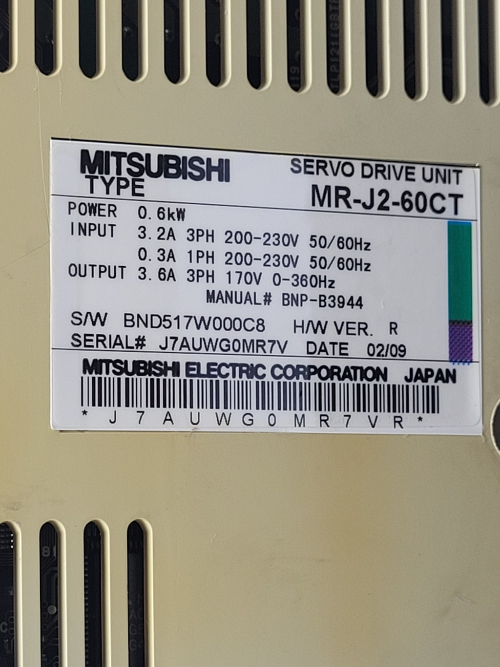 MITSUBISHI MR-J2-60CT Servo Drive Unit 0.6wW 3.2A 2009 Date Code Working Pull