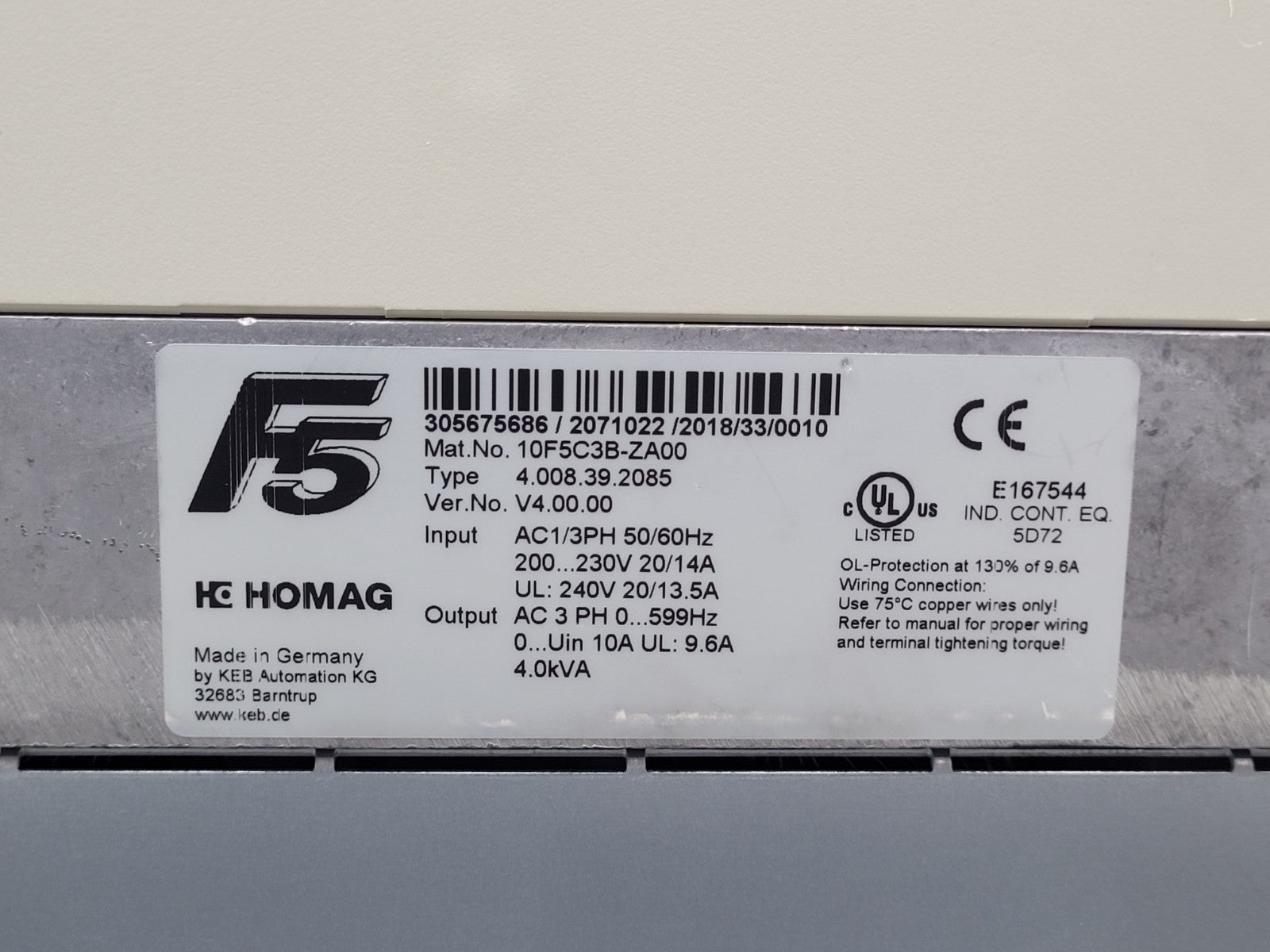 HOMAG / KEB Combivert 10F5C3B-ZA00 Frequency Drive VFD AC Controller 240VAC 4kVA