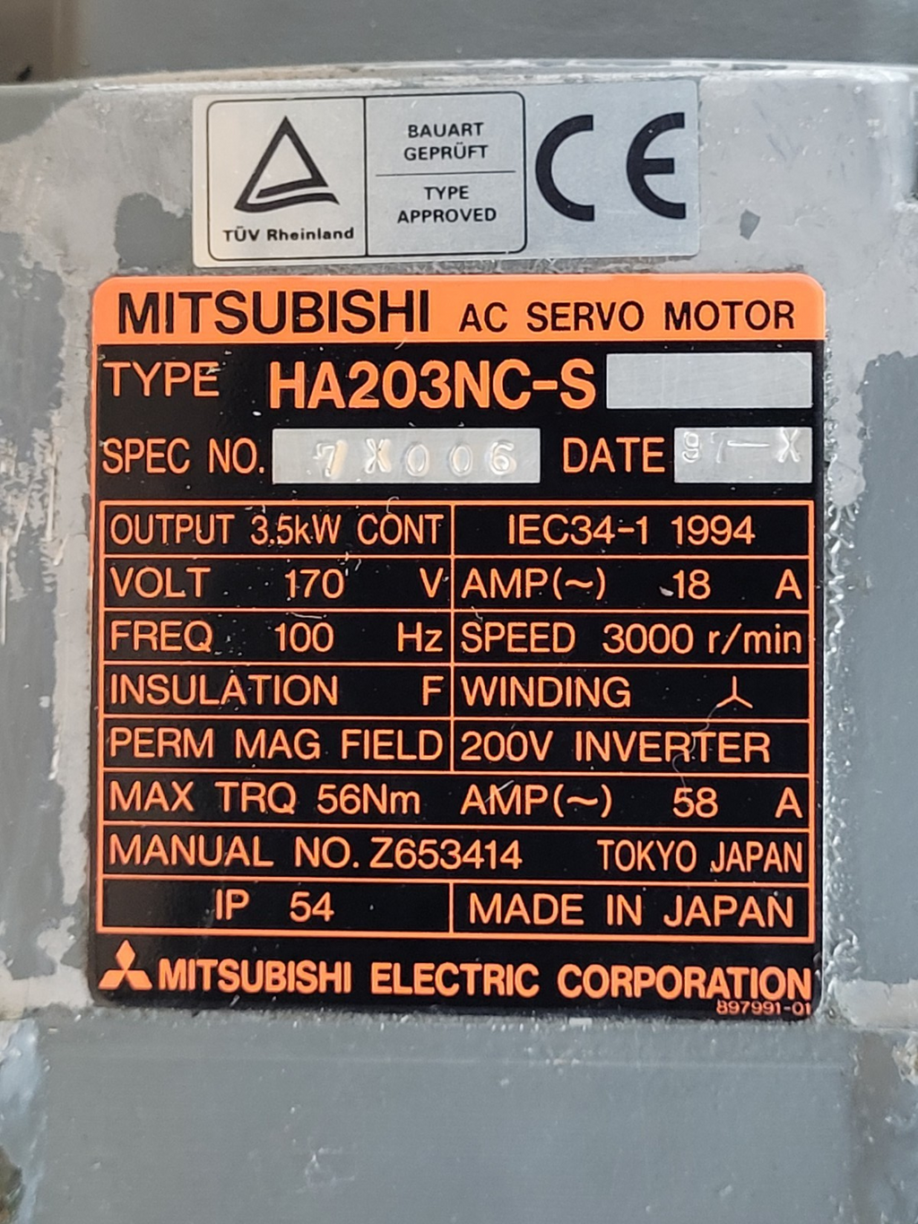 Mitsubishi HA203NC-S 3.5kW 3000RPM 170V 100Hz AC Servo Motor Unit B