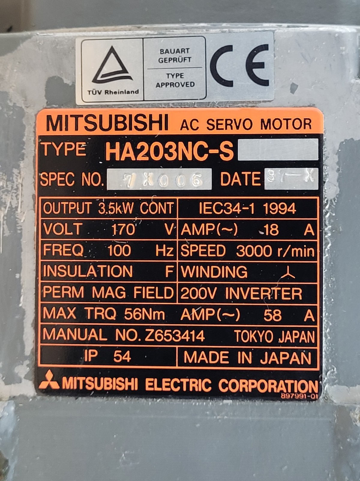Mitsubishi HA203NC-S 3.5kW 3000RPM 170V 100Hz AC Servo Motor Unit B