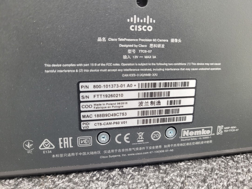 Cisco SX80 Codec TTC8-07 Precision 60 Camera TTC8-09 Speaker TTC6-12 Controller