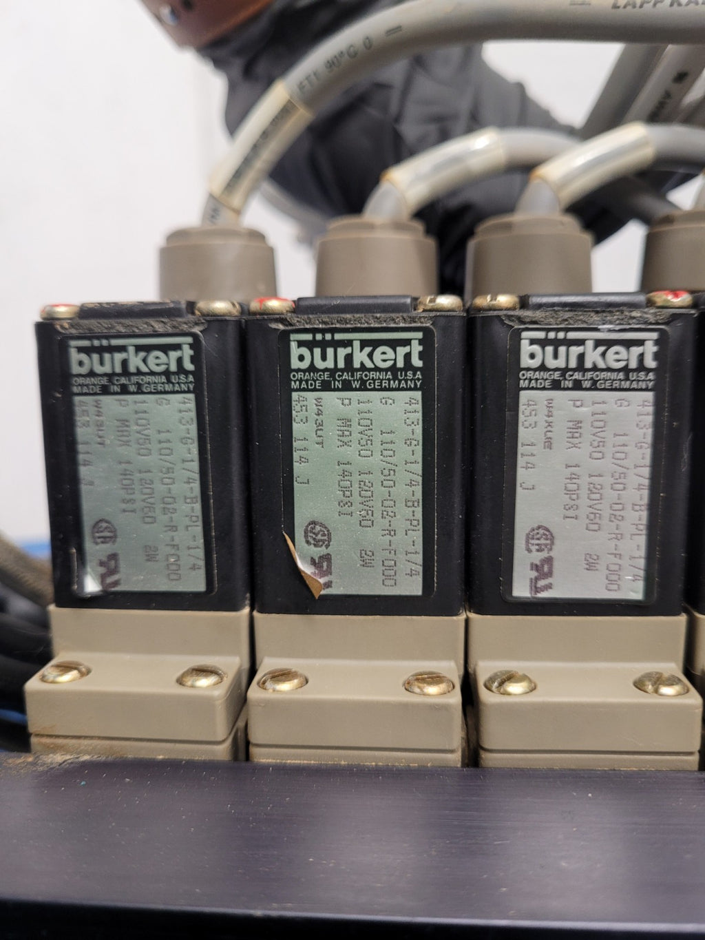 Burkert 413-G-1/4-B-PL-1/4 Pneumatic Solenoid 7 Valve Manifold 120VAC B