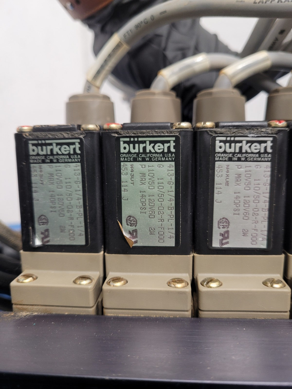Burkert 413-G-1/4-B-PL-1/4 Pneumatic Solenoid 7 Valve Manifold 120VAC B