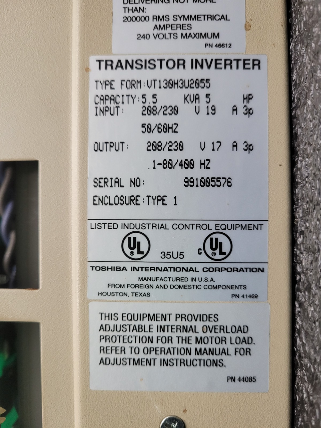 Toshiba Transistor Inverter VFD Variable Frequency Drive VT130H3U2055 5HP