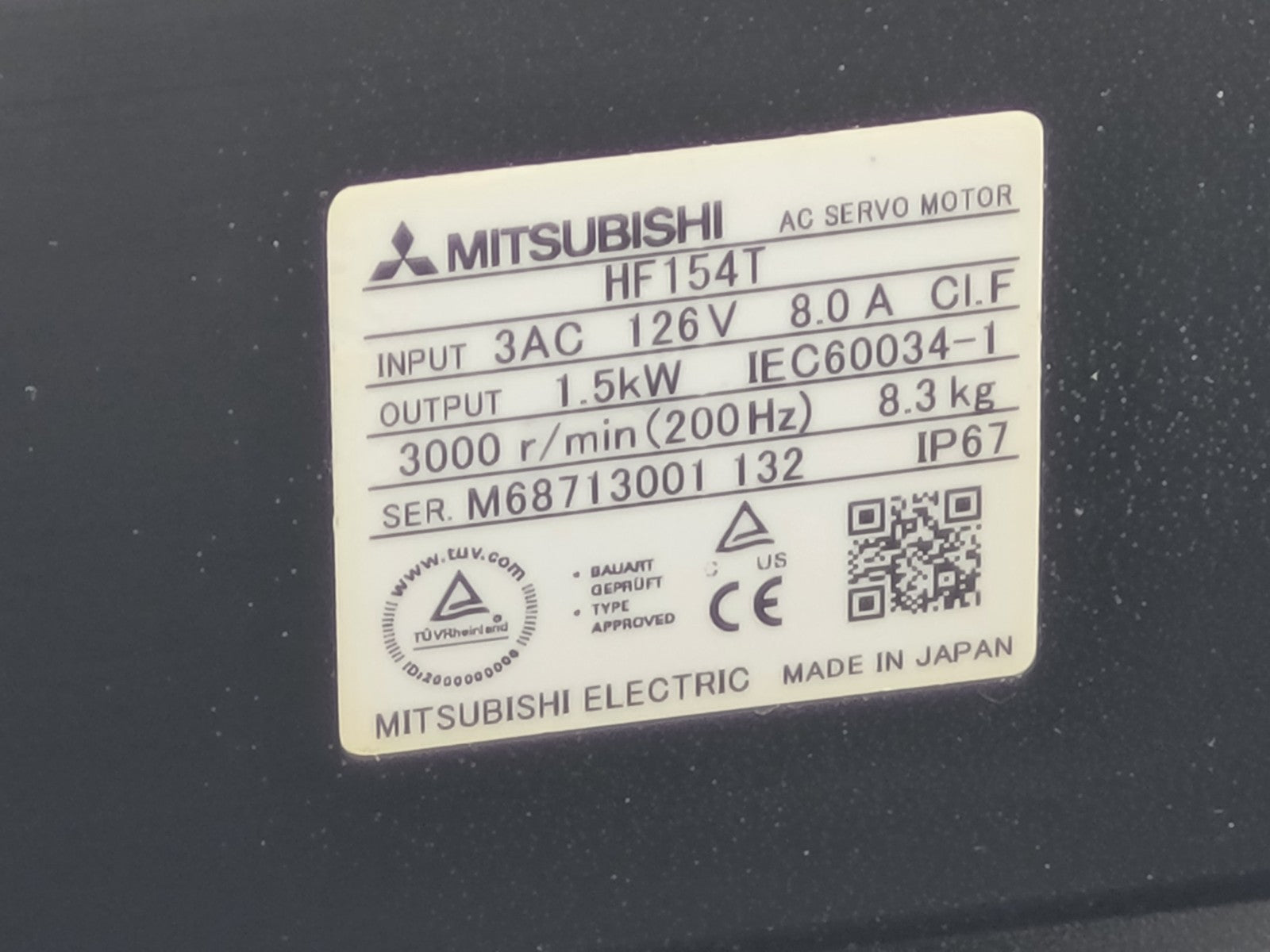 MITSUBISHI AC SERVO MOTOR HF154T 1.5kW 3000rpm 3PH 126V 8A