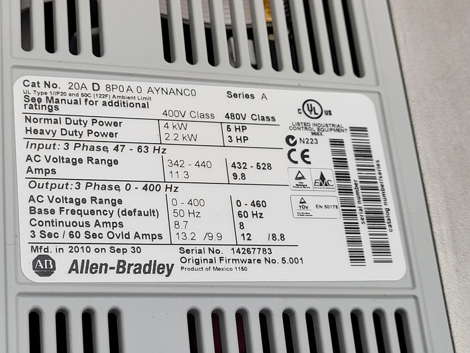 Allen Bradley 20AD8P0A0AYNANC0 Ser A PowerFlex 70 400V 3-Phase 8.7A 4kW AC Drive