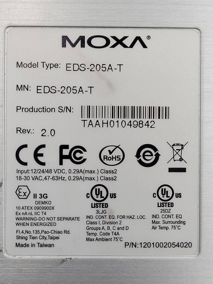 MOXA 5-port Industrial Ethernet Switch EDS-205A-T 12/24/48 VDC 18-30 VAC 0.29A