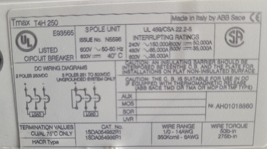 ABB TMAX T4H250 CIRCUIT BREAKER 125A  440VAC 65KA.