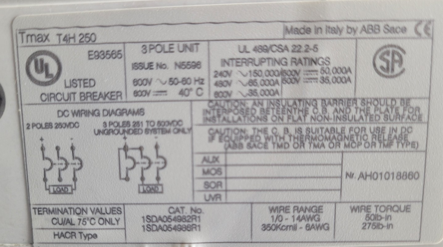 ABB TMAX T4H250 CIRCUIT BREAKER 125A  440VAC 65KA.