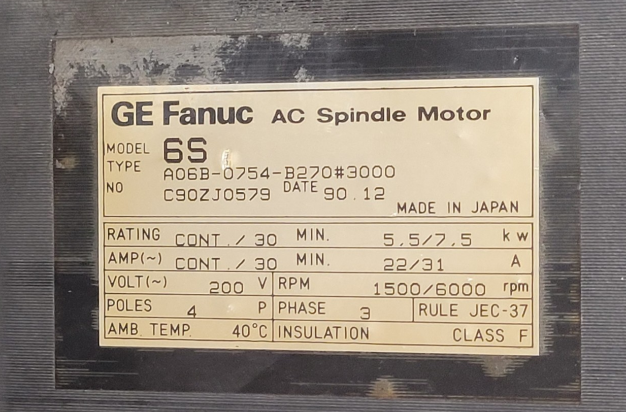 GE Fanuc AC Lathe Spindle Motor 6S TYPE A06B-0754-B270#3000 Date 90.12