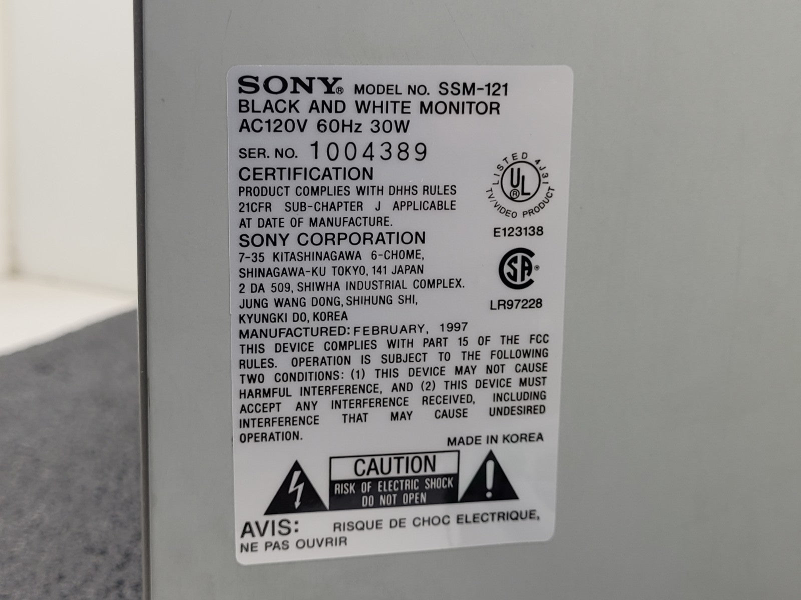 SONY ssm-121 Black White Monitor 12 inch CRT BNC made in Korea 1995
