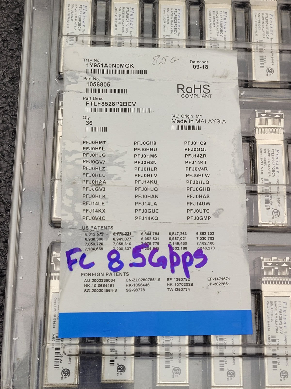 Lot of 38 Finisar FTLF8528P2BCV  850nm 8.5Gb SFP Transceiver Module