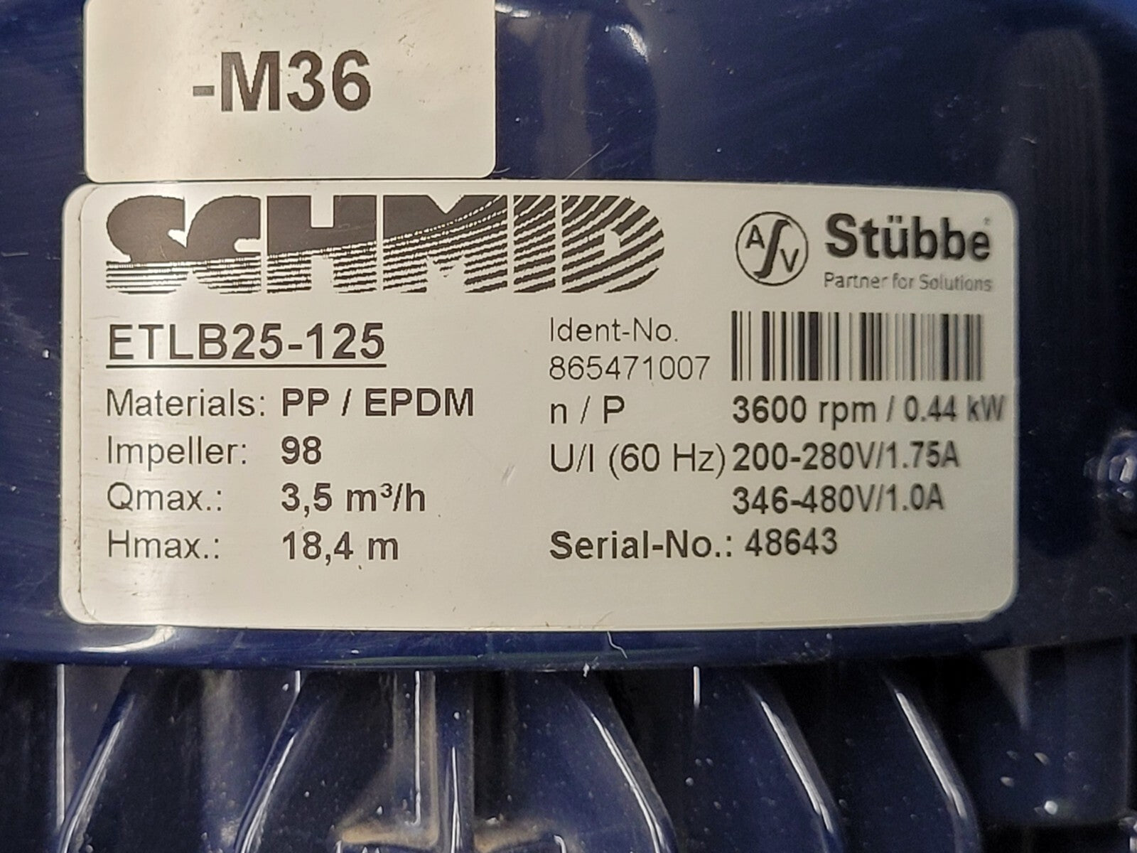 Schmid Stubbe ETLB25-125 Thermoplastic Vertical High Purity Chemical Sump Pump