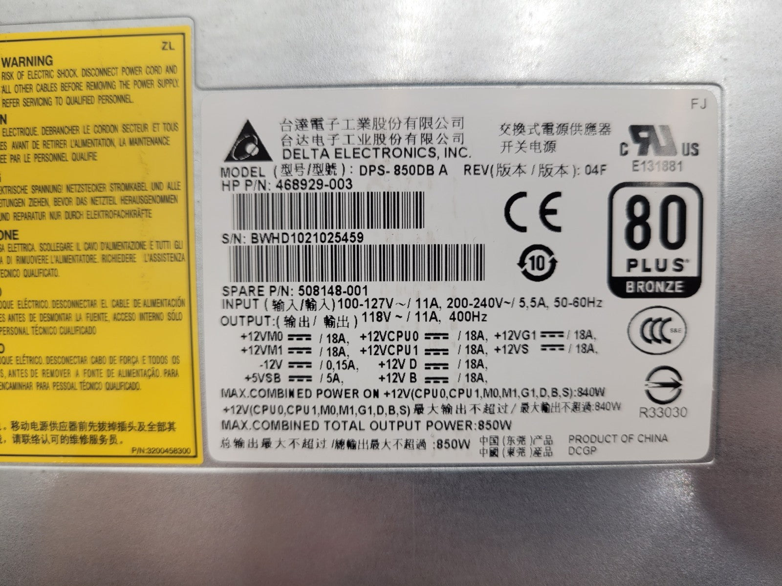 HP Z840 WorkStation 840w PSU Power Supply DPS-850DB A 468929-003 508148-001