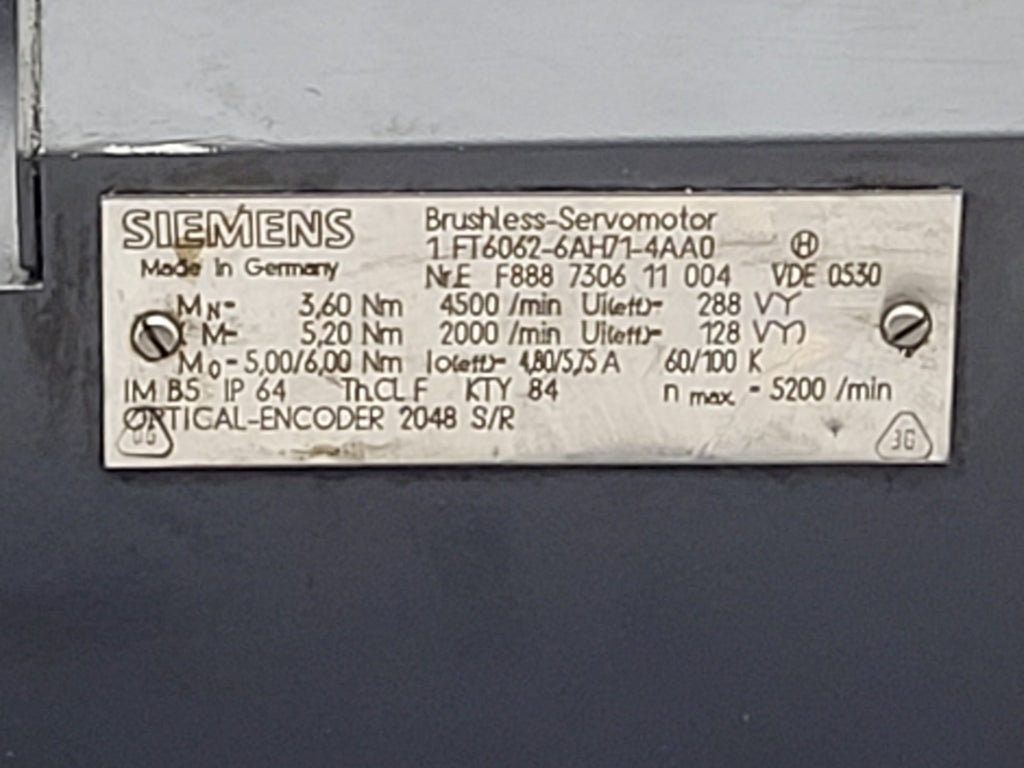 SIEMENS 1FT6062-6AH71-4AA0 Brushless Servo Motor 6Nm 4500RPM Encoder I-2048 [B]
