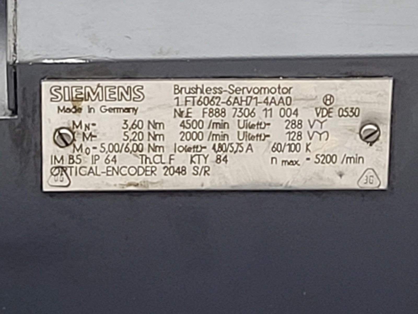 SIEMENS 1FT6062-6AH71-4AA0 Brushless Servo Motor 6Nm 4500RPM Encoder I-2048 [B]