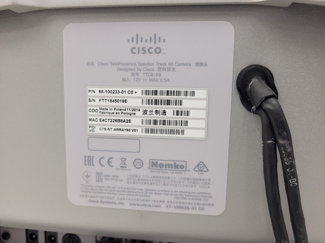 Cisco SX80 Codec TTC8-07 Precision 60 Camera TTC8-09 Speaker TTC6-12 Controller