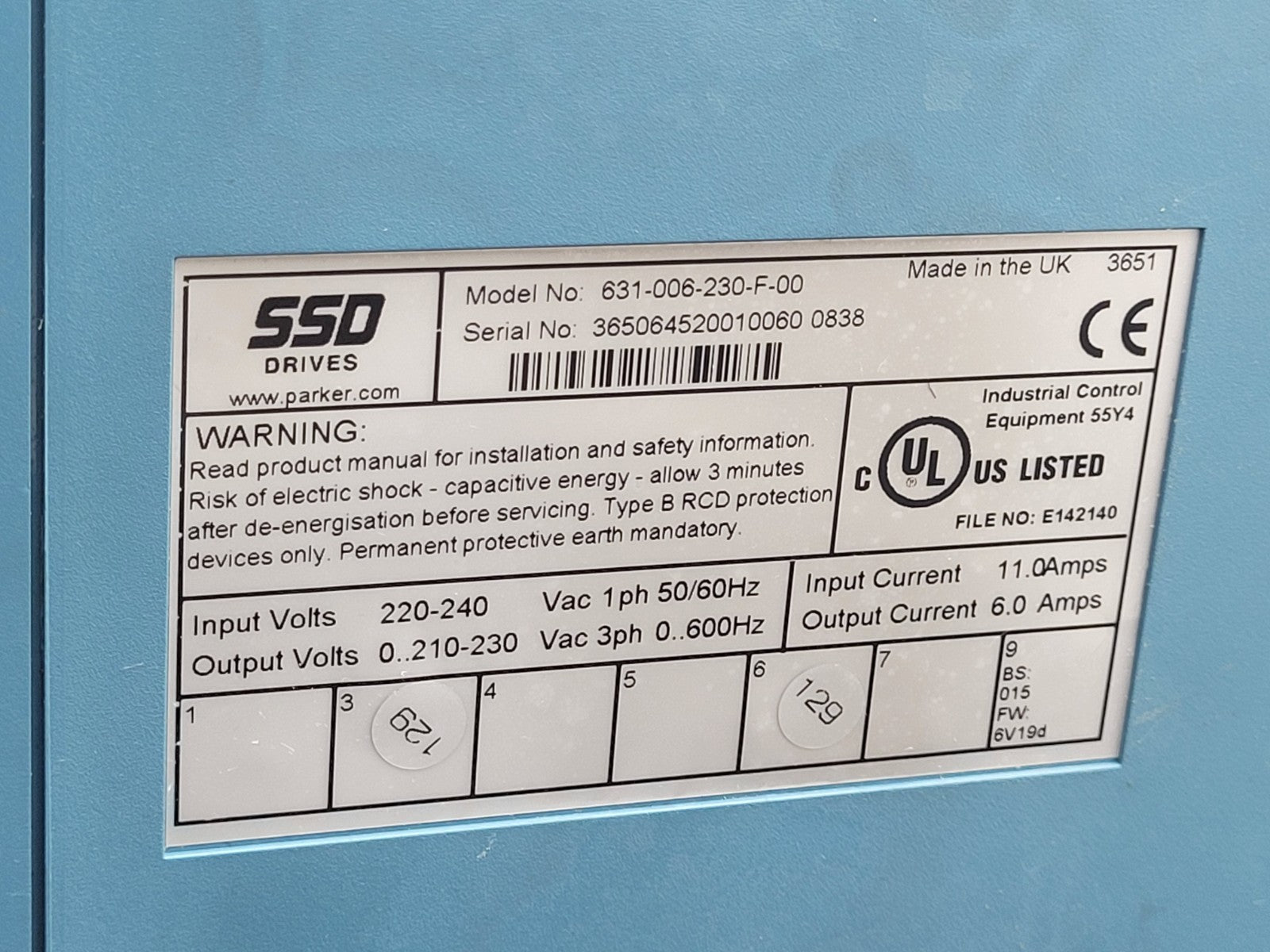 Parker Eurotherm SSD Servo Drive 631-006-230-F-00 240VAC Out 3PH [A]